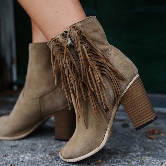 MIA Shoes - MIA | Coty Natural Fringe Peep Toe Suede Booties
